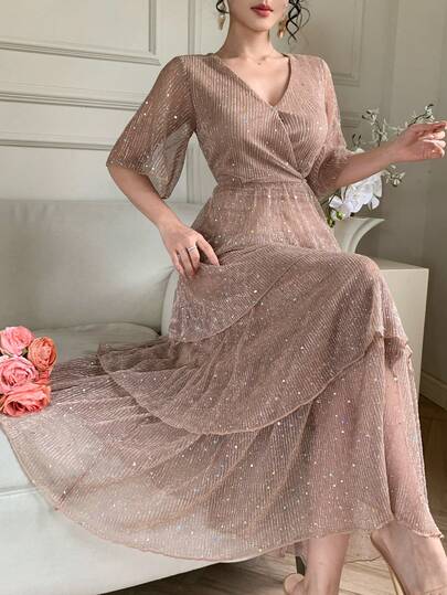 DAZY Elegant V-Neck Dress With Criss-Cross Design For Women