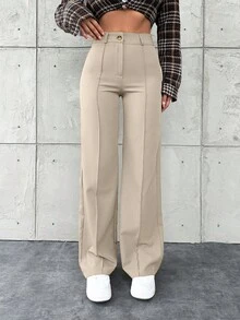 EURMUSE Women's Solid Color Button-Front Minimalist Suit Pants, Casual Everyday Wear - Krem - View 5