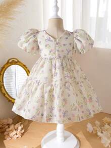 Souflis Souflis Baby Girl Spring And Summer Hampagne Beige Color Princess-Sleeve Dress The Soft And Flowing Fabric Has A Lustrous Sheen The Invisible Zipper Makes It Easy To Put On And Take Off Bow Baby Girl Clothes Ootd - Yellow - View 2