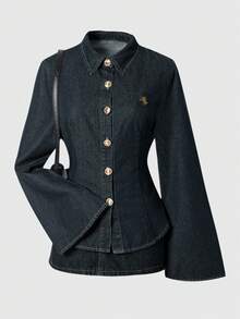 SHEIN MOD Áo sơ mi denim tay loe, thắt eo, dáng rộng, thêu họa tiết, dành cho nữ, thích hợp mặc mùa xuân. - màu đen - Xem 7