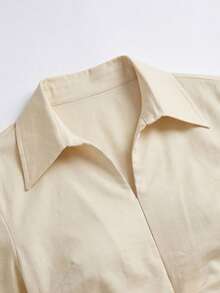 Modelyn 女士春夏黄色梭织长袖V领系腰纽扣A字优雅衬衫 - 黃色 - 查看 9