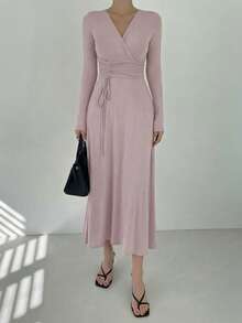 DAZY Autumn/Winter Charming Pleated Design Knitted Draped Waist Dress For Women, Loungewear - Mauve Purple - View 2