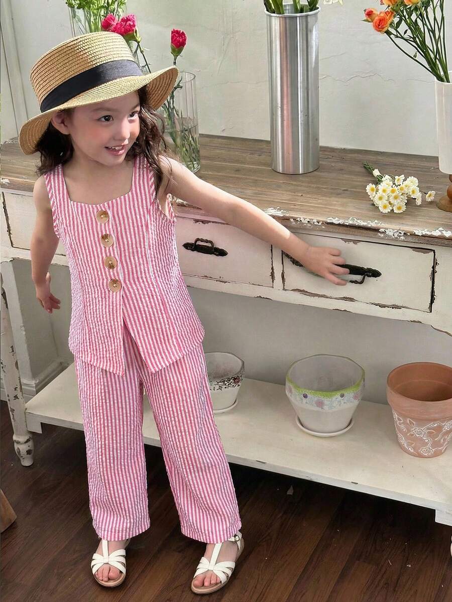 SHEIN Little Byeori Bộ đồ thể thao năng động cho bé gái, phong cách đường phố thường ngày, gồm áo không tay cổ vuông kẻ sọc và quần ống đứng. - Đỏ và trắng - Xem 1