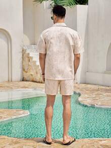 Mercer Haus Men's Summer Vacation Tropical Print Short Sleeve Shirt And Shorts Beach Outfit , Suitable For Summer Tropical Holiday Vacation In Hawaii. - Beige - View 2