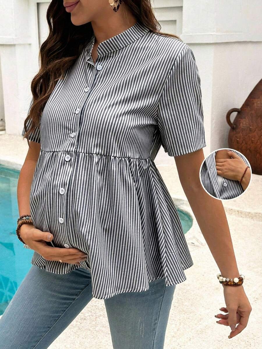 SHEIN Áo sơ mi ngắn tay cho bà bầu, kiểu dáng thường ngày, họa tiết sọc tương phản, thích hợp mặc đi làm, dành cho bà mẹ cho con bú. - Màu xám đen - Xem 1