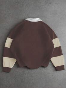 Manfinity Roghcode Men's Fashion Striped Long Sleeve Casual Loose Polo Shirt.Streetwear,Friends,Matching,Baggy,For Men,Graphic,Japanese Style,Unisex,I Love My Girlfriend - Coffee Brown - View 2