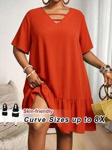 SHEIN CURVE+ 大码女式纯色短袖荷叶边A字宽松休闲连衣裙 - 橘色 - 查看 1