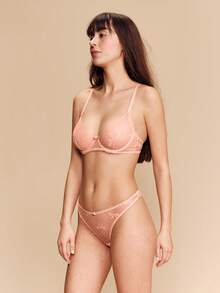 lacRébo Soft Delicate Pink Mesh Lingerie Set With Underwired Bra Rose Flower Trim Detail And Matching Thong Romantic Cute French Style Valentines Lingerie Sets Push Up Curved Lingerie - Pink - View 6