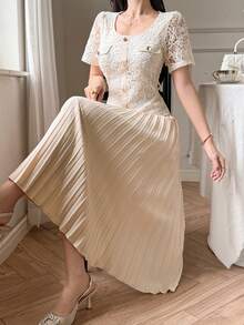 DAZY Women's Faux Two-Piece Short Sleeve Elegant Pleated Dress - White - View 2