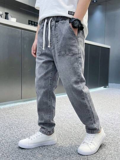 New Casual Fashion Minimalist Versatile Comfortable Elastic Drawstring Design Blue Washed Denim Jeans