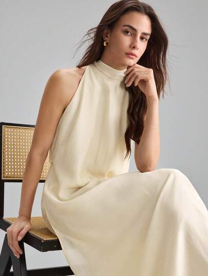 Ontre Đầm dài nữ mùa hè 2026 mới, màu mơ, chất liệu vải dệt mềm mại thoải mái, dáng rộng, cổ đứng, phong cách công sở hiện đại, thanh lịch, sang trọng, trang phục sân bay & du thuyền cao cấp, trang phục dự tiệc cưới duyên dáng, trang phục thiết yếu tối giản nhưng sang trọng, đầm hẹn hò lãng mạn thường ngày.