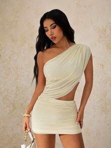 SHEIN PETITE Vestido corto de mujer de unicolor con cuello asimétrico, de moda para el verano, vestido de fiesta - Albaricoque - Ver 4