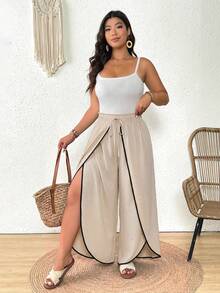 SHEIN Frenchy Quần sọc cỡ lớn, quần ống rộng cạp cao, thích hợp cho mùa hè, kỳ nghỉ và thể thao. - Màu be - Xem 5