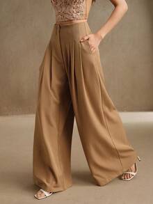 Anewsta Women's Spring Fashionable High-Waisted Pleated Wide-Leg Loose Draping Suit Pants - Khaki - View 5