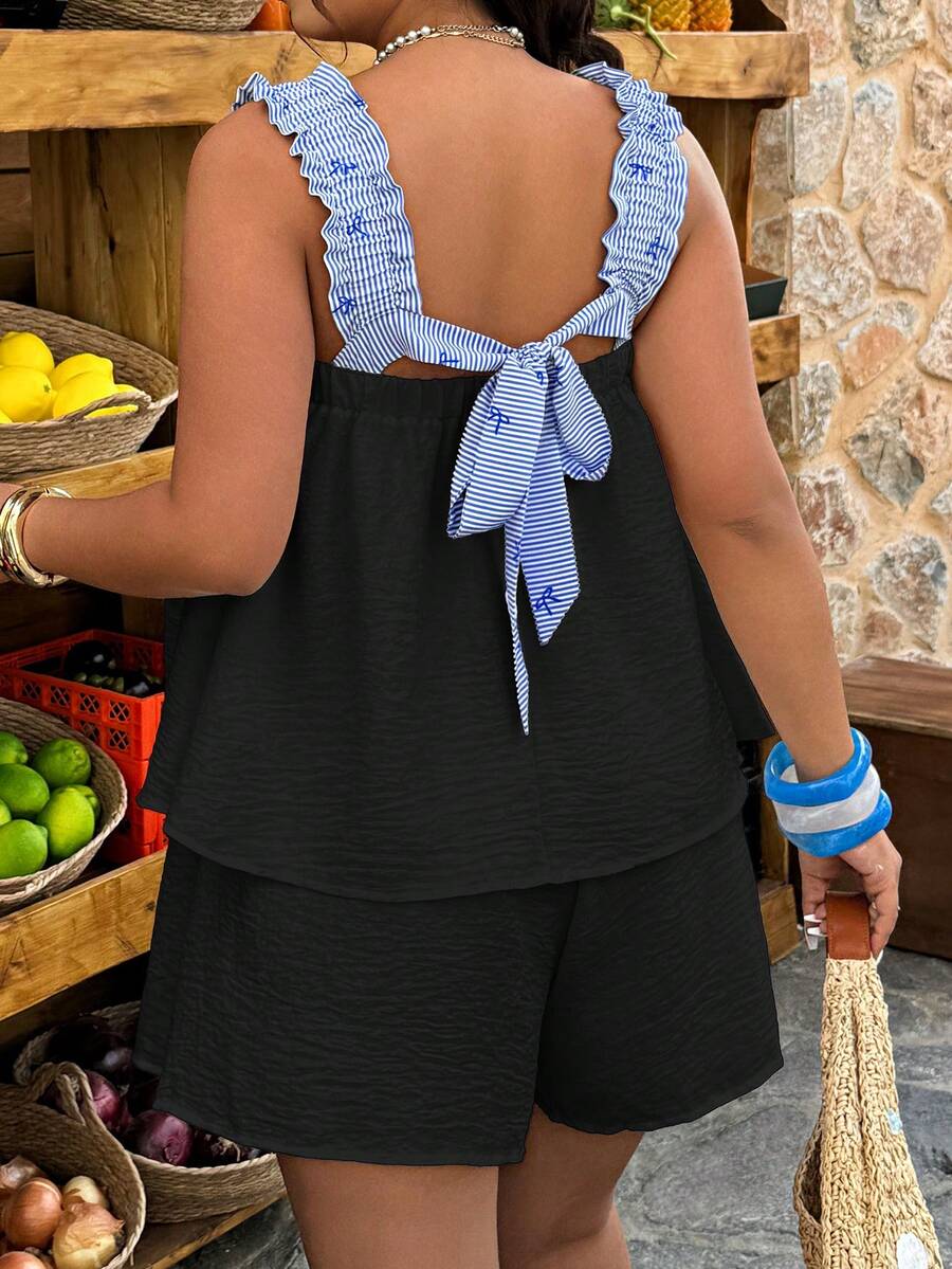 SHEIN Holidaya بدلة كاجوال للنساء كبيرات الحجم للربيع/الصيف بياقة مربعة وطباعة مخططة بألوان متباينة قصة A-line للعطلات - الأسود - مشاهدة 1