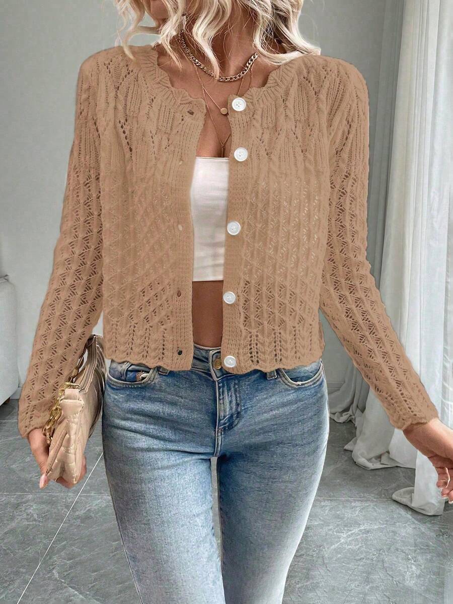 EMERY ROSE Women's Round Neck Hollow Front Button Cardigan, Autumn/Winter Knitted Sweater Jacket Back-To-School Golf White Sexy - Orange - View 1