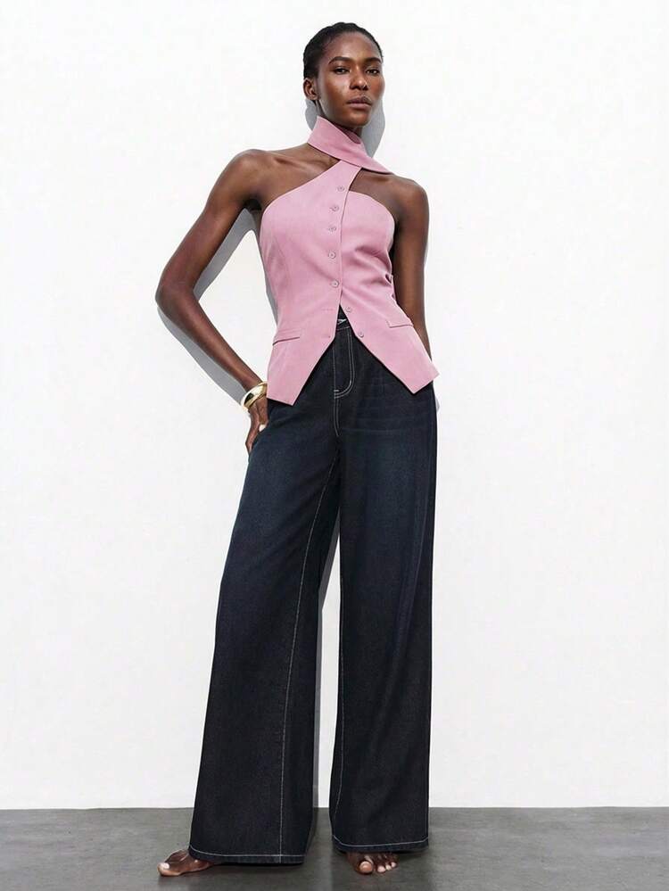 SHEIN Maija Women's Dusty Mauve Irregular Cut Asymmetric Halter Neck Vest,Single-Breasted Tie Front Summmer Tops,Elegant Party Night Fashion For Wedding Guest