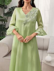 SHEIN Najma Đầm kiểu Ả Rập cổ chữ V đính cườm, tay bồng xếp lớp họa tiết hoa dành cho nữ, thích hợp cho mùa xuân/hè. - màu xanh lá - Xem 6