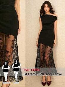 SHEIN Tall CURVE فستان أنيق بلون أحادي مع تصميم من الدانتيل غير متماثل الياقة وذيل سمكة - الأسود - مشاهدة 1