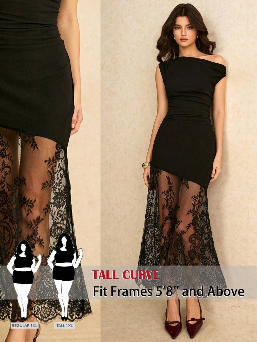 SHEIN Tall CURVE فستان أنيق بلون أحادي مع تصميم من الدانتيل غير متماثل الياقة وذيل سمكة - الأسود - مشاهدة 1