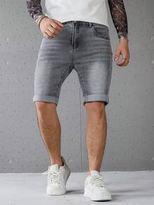 Manfinity Homme Celana Capri Denim Skinny Kasual Musim Panas Elastis untuk Pria Ukuran Besar - Grey - View 4
