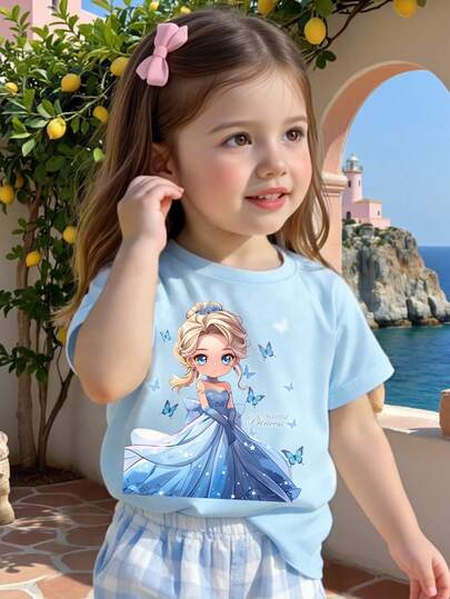 Spring And Summer Casual Fashionable Creative Cute Minimalist Cartoon Character Princess Print Short T-Shirt, Comfortable Daily Wear For Baby Girls