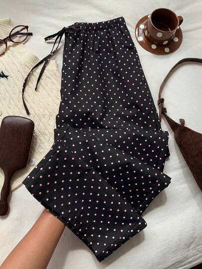 Comfortcana Women's Casual Polka Dot Print Drawstring Waist Loose Wide Leg Pants