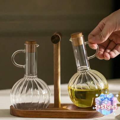 1pc High Borosilicate Glass Oil Bottle With Wooden Stand And Lid, Soy Sauce/Vinegar Dispenser, Heat Resistant Kitchen Liquid Storage