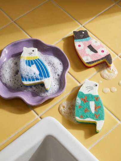 Joivida 1pc,Non Woven Cat Sponge For Kitchen And Household Dishwashing, Suitable For New Year And Valentine's Day, Ideal Gift For Family And Friends, Home Decoration, And Birthday Gifts