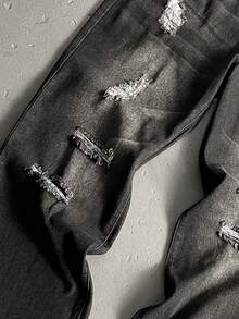 Manfinity EMRG 男士休闲做旧宽松斜口袋牛仔裤，秋季 - 深灰色 - 查看 3