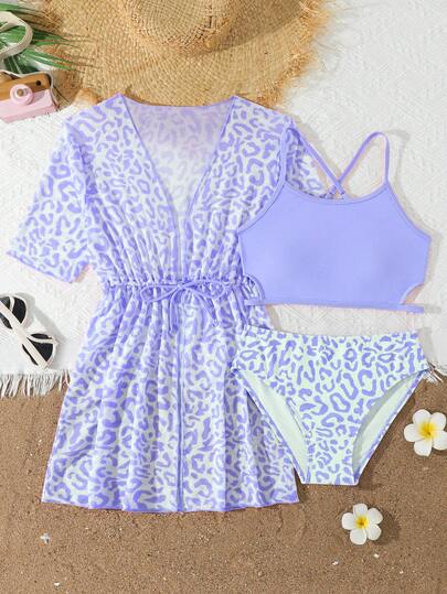 SHEIN Conjunto de bikini para niñas preadolescentes, blusa de guardabarros rosa con estampado de leopardo de punto de manga corta y cinturón, traje de baño con diseño de cintura cruzada y hueco, elegante y refinado, adecuado para vacaciones, natación, playa, verano