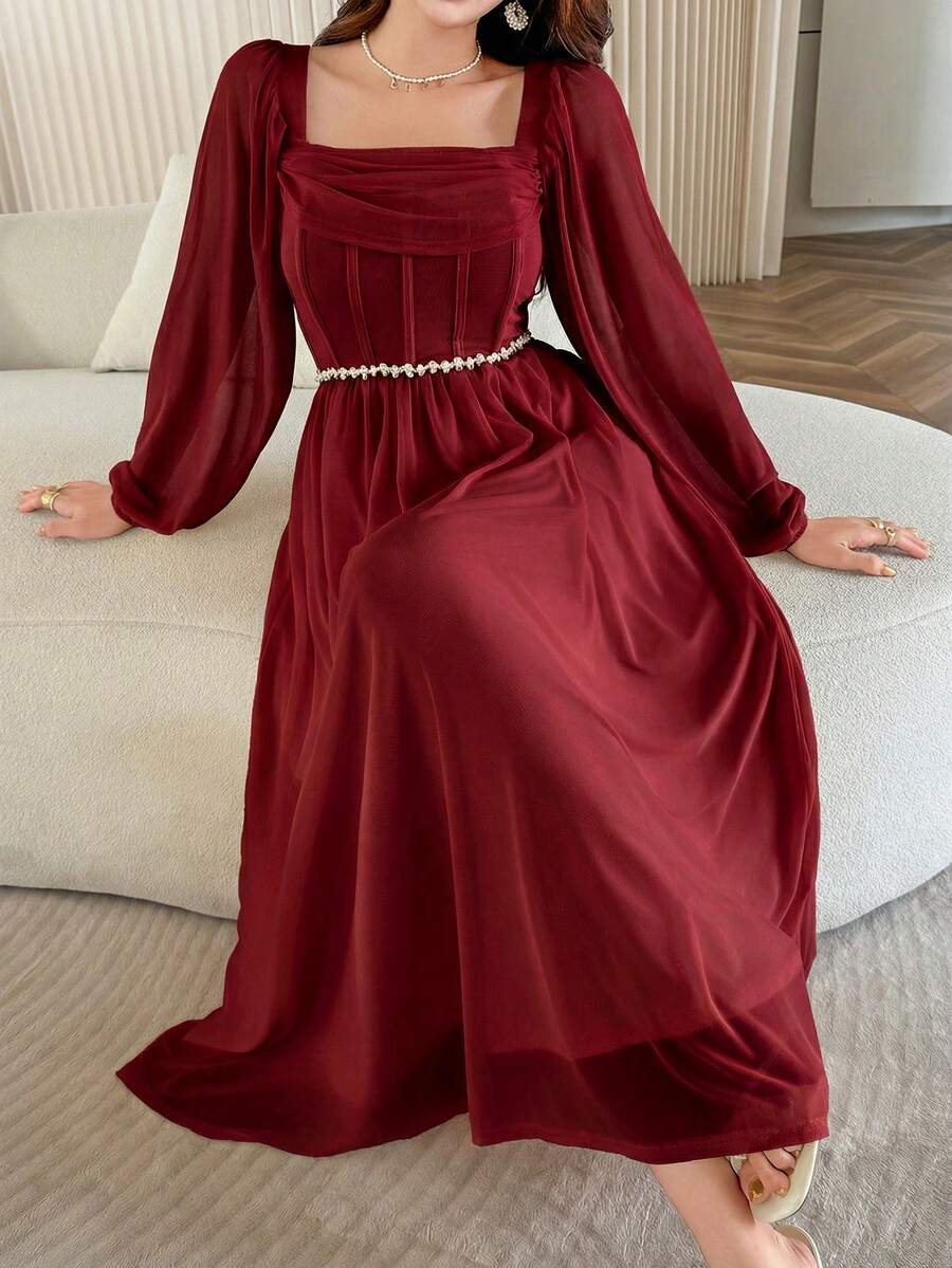 Feyla Damen elegantes Kleid mit plissiertem quadratischem Kragen, taillierter Taille und Laternenärmeln, Frühling
