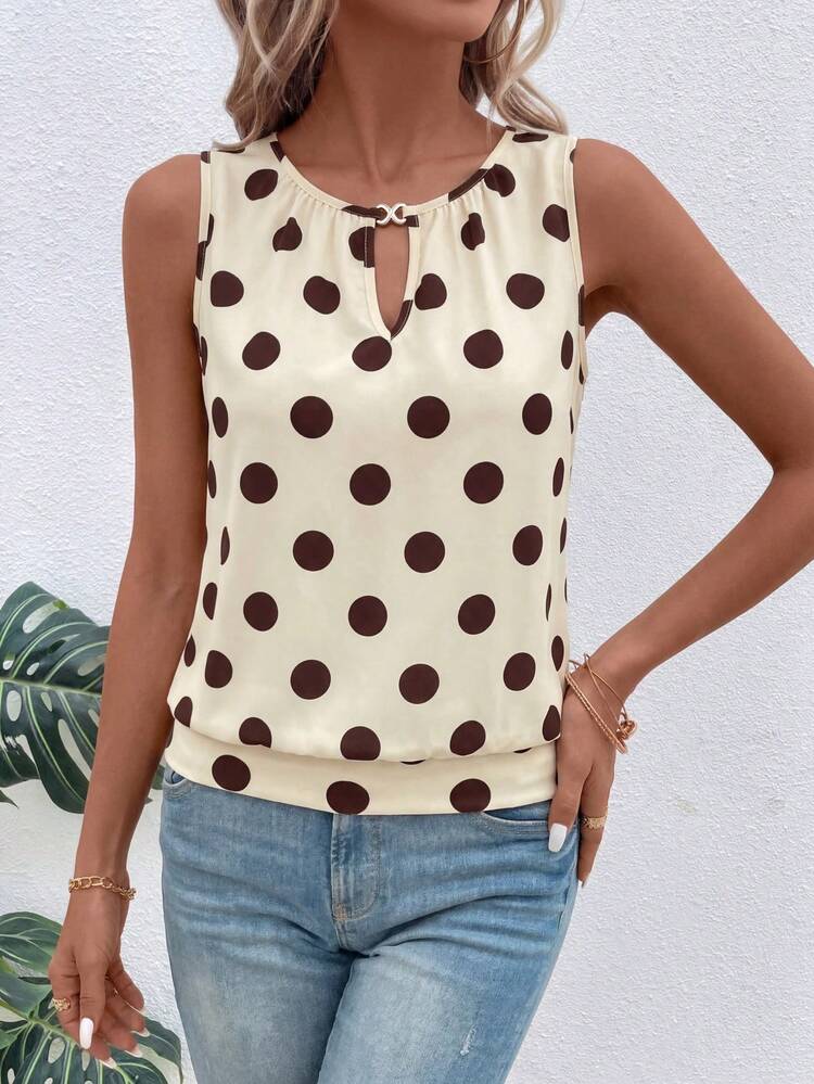 Women's Contrast Polka Dot Print Sleeveless Round Neck Tank Top Going Out Tops For Women Going Out Outfit Summer Top Casual Blouse For Women Polka Dot Tops Women's Tops For Summer Women's Sleeveless Tops Polka Dot Tops For Women Cute Summer Tops Women's Casual Tops