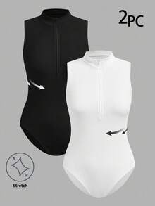 SHEIN EZwear Bộ áo liền thân dệt kim 2 mảnh màu đen trắng dành cho nữ - Nhiều màu - Xem 2