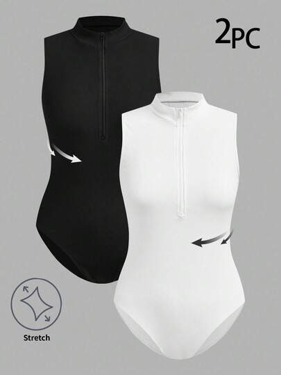 SHEIN EZwear 2-Piece Black & White Knitted Bodysuit Set For Women