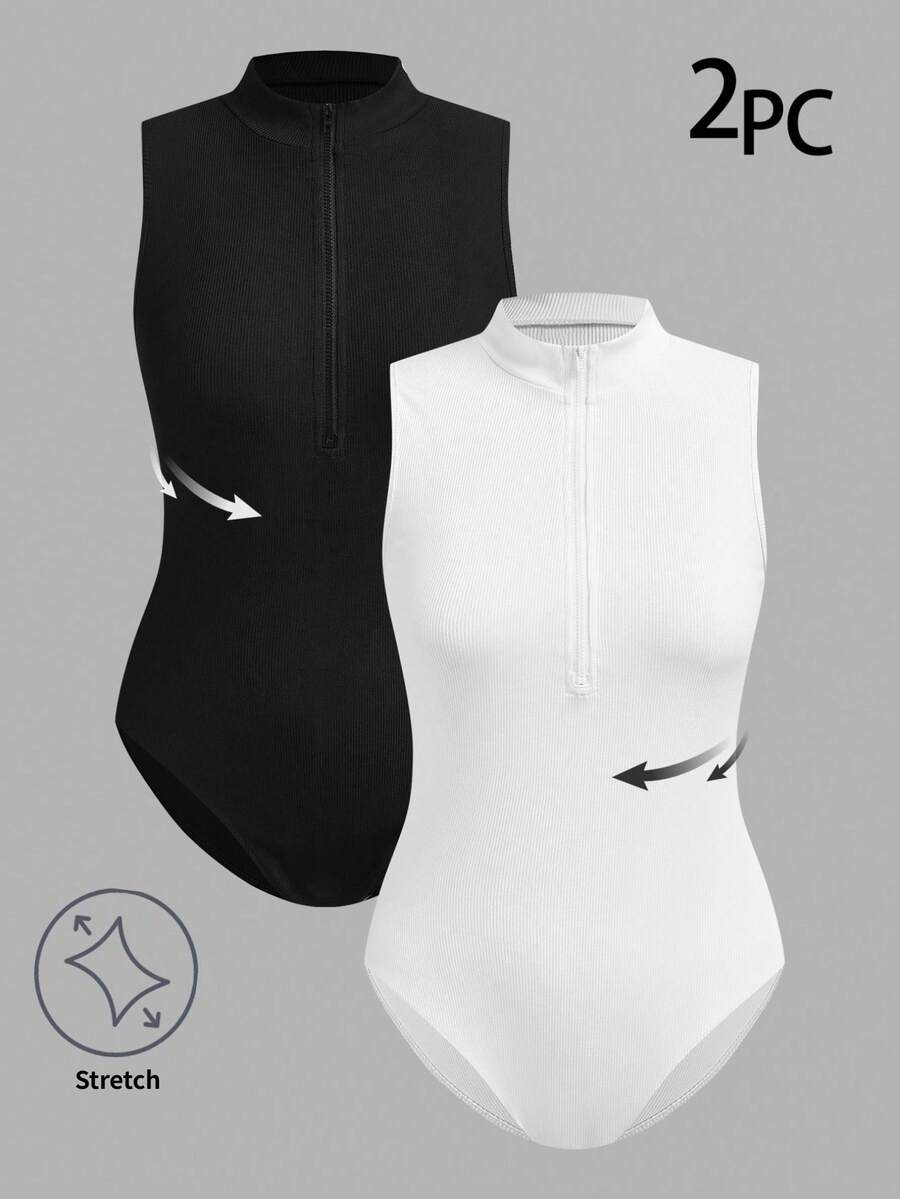 SHEIN EZwear 2-Piece Black & White Knitted Bodysuit Set For Women - Multicolor - View 1