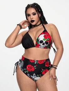 ROMWE Goth Plus Size Skull Print Halter Tie Bikini Swimsuit, Summer - Multicolor - View 1