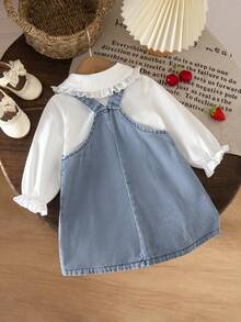 SHEIN Vintaside Kids 2pcs Baby Girls Casual Cute Collared Long Sleeve Shirt And Floral Decor Bib Pants Set, Suitable For Spring/Autumn Daily Wear - White - View 2