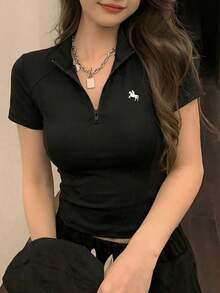 With My Calm With My Calm Women's Equestrian Sportswear, Elastic Comfortable Outdoor Sports Tops, Slim Fit Running Training Shirts - Black - View 2