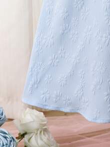 Tween Girls' Elegant Floral Contrast Mesh Bow Dress, Suitable For Party And Gathering, Short Sleeve - Blue - View 7