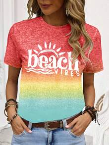 EMERY ROSE Plus Size Women's Casual Gradient Letter Print Short-Sleeve T-Shirt - Multicolor - View 1