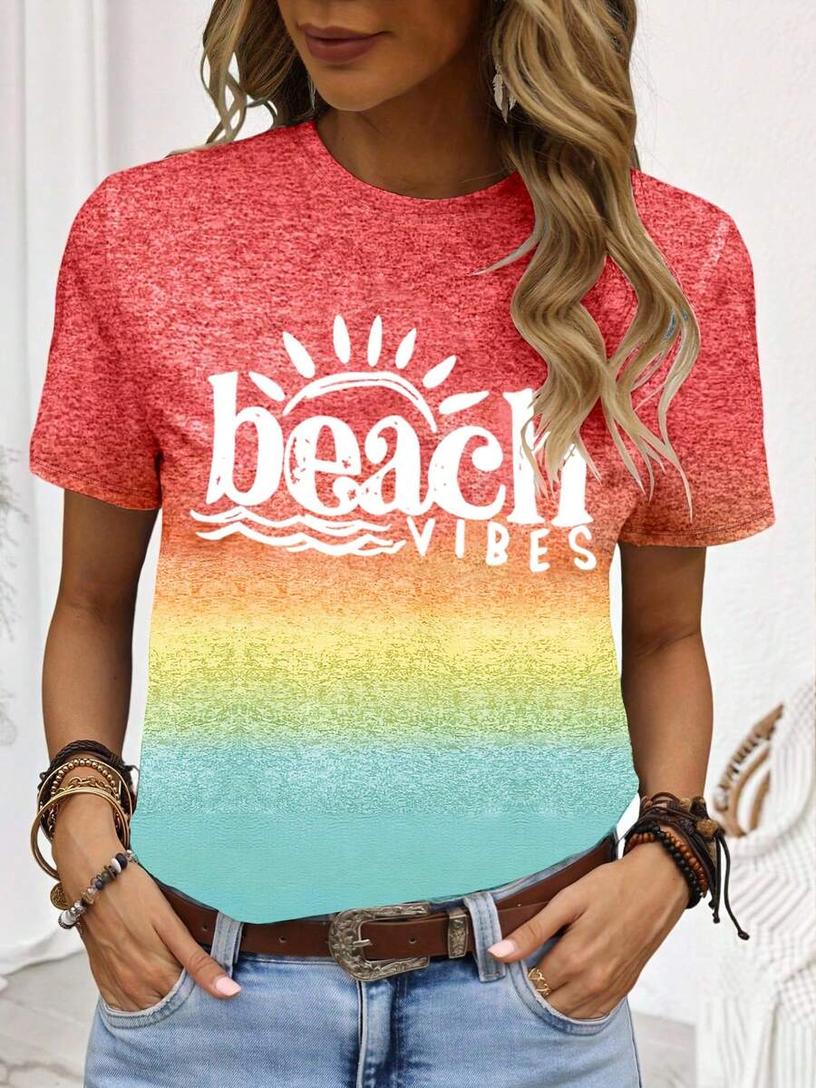 EMERY ROSE Plus Size Women's Casual Gradient Letter Print Short-Sleeve T-Shirt - Multicolor - View 1