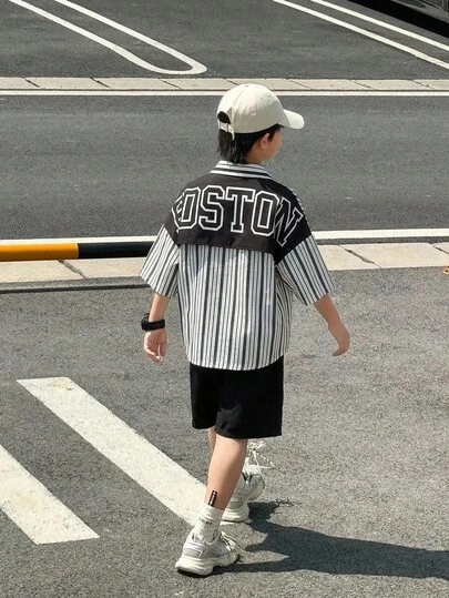 SHEIN 2-Pack Tween Boy Casual Sports College Literary Retro Japanese And Korean Loose-Fitting Striped Lapel Shirt With Large Letter Pattern And Shorts Suit Suitable For Kids Outfits Toddler Boy Clothes Back To School Boys Set Suitable For Birthday Parties, Evening Parties, Performances, Weddings, Baptisms, Opening Ceremonies Daily Suitable For Daily Use Suitable For School Suitable For Travel Suitable For Sports Suitable For Spring And Summer Seasons Summer Outfits Y2k Vacation Tendencias Ss26 Streetwear  Burgundy Holiday Vintage Boho Festival Gras Party Cute Birthday Boys Modest Casual Cozy