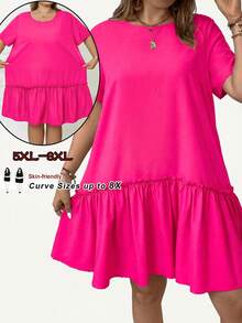 SHEIN CURVE+ 大码荷叶边下摆娃娃衫度假连衣裙，夏季 - 玫紅色 - 查看 1