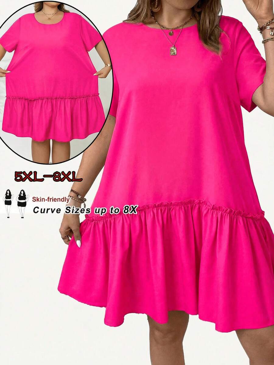 SHEIN CURVE+ 大码荷叶边下摆娃娃衫度假连衣裙，夏季 - 玫紅色 - 查看 1