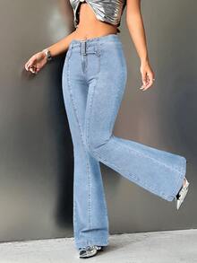 SHEIN ICON Women's Casual Versatile Daily Wear Flared Leg Jeans - Light Wash - View 5