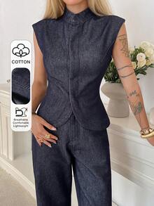 DAZY Women's Cotton Sleeveless Mock Neck Fitted Top And Casual Straight Leg Jeans Suit, Suitable For Commuting And Office, Summer - Blue - View 1