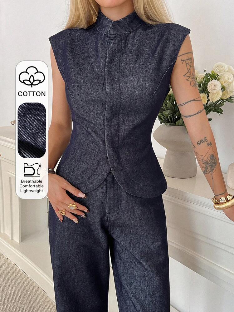 Women's Cotton Sleeveless Mock Neck Fitted Top And Casual Straight Leg Jeans Suit, Suitable For Commuting And Office, Summer