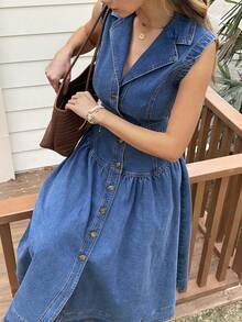 Livesso Holiday Outfit Easter Vacation Summer Cotton Lapel Waist Cinched Solid Color Sleeveless Women Denim Dress - Blue - View 6