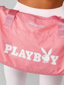Missguided x Playboy Logo Duffel Bag With Shoulder Straps And Crossbody Strap For Travel Gym Weekend Getaway - Pink - View 4